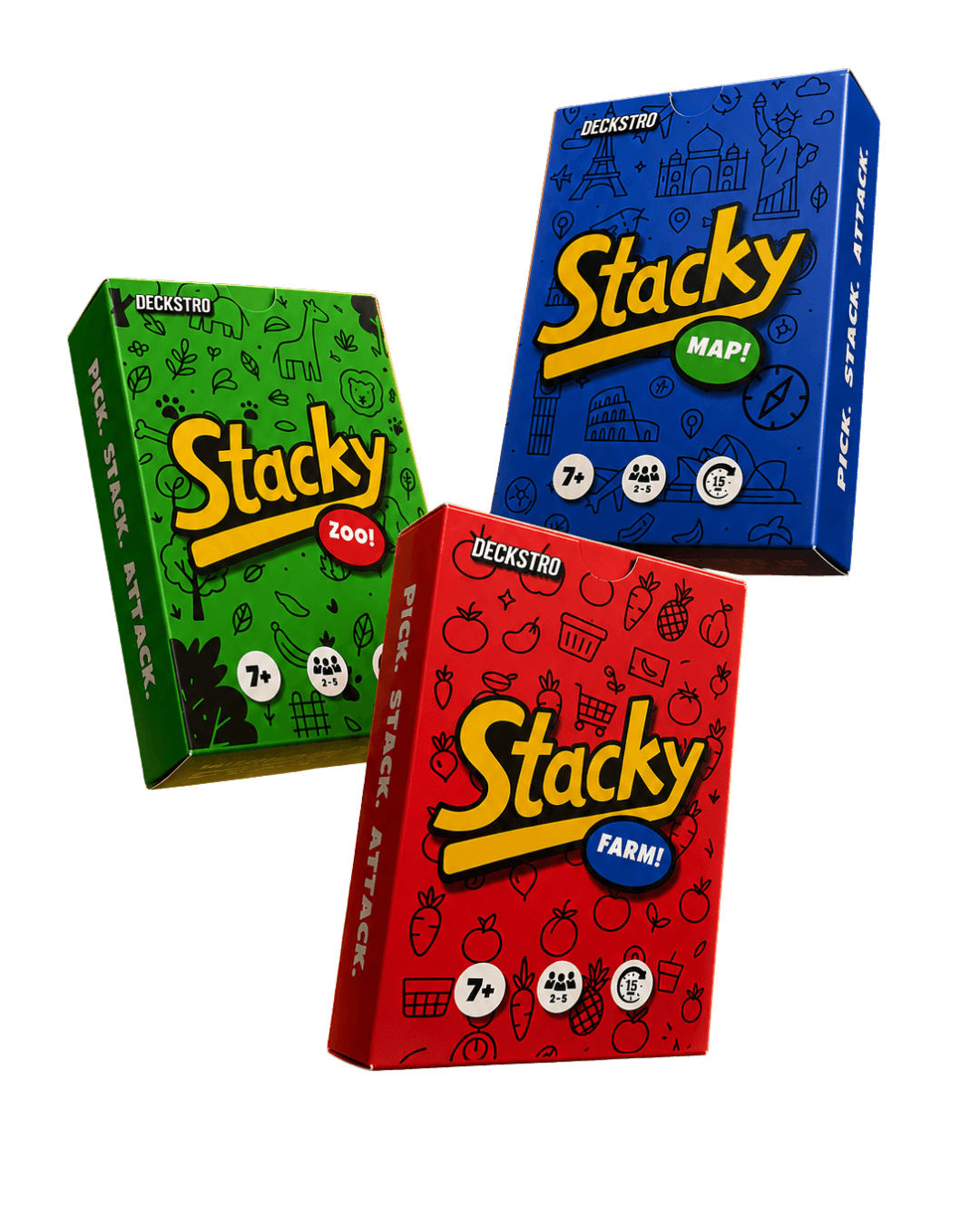 Stacky Zoo, Map and Farm card game boxes